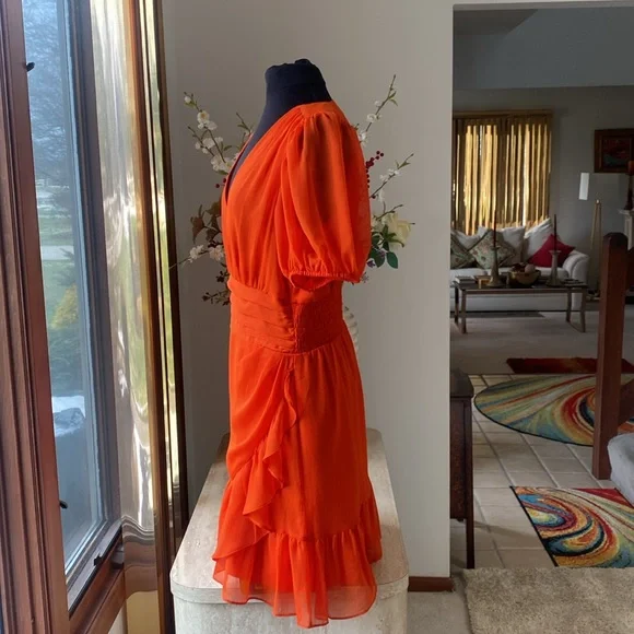 NWOT Express Orange Pull On dress, no zippers, no flaws, measurements in photos - Picture 2 of 12